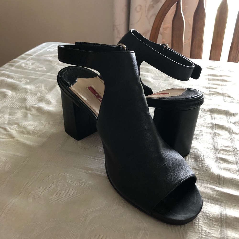 PRADA Linea Rossa Black Ankle Strap Block Heel Open Toe Leather Sandal 39 8.5 9